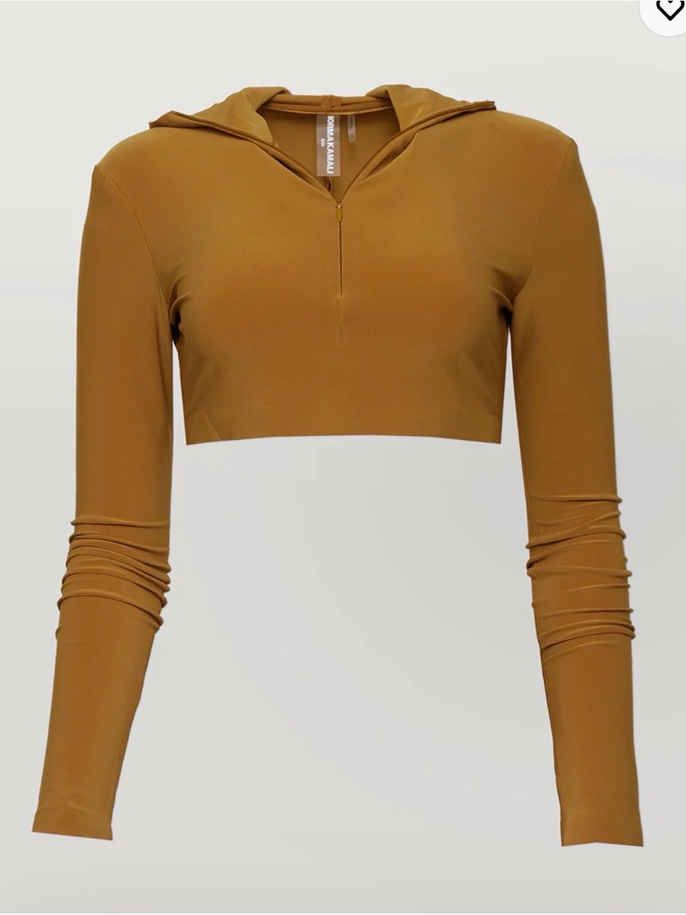 Norma Kamali Long Sleeve Turtle Skull Cap Cropped Top in Mocha